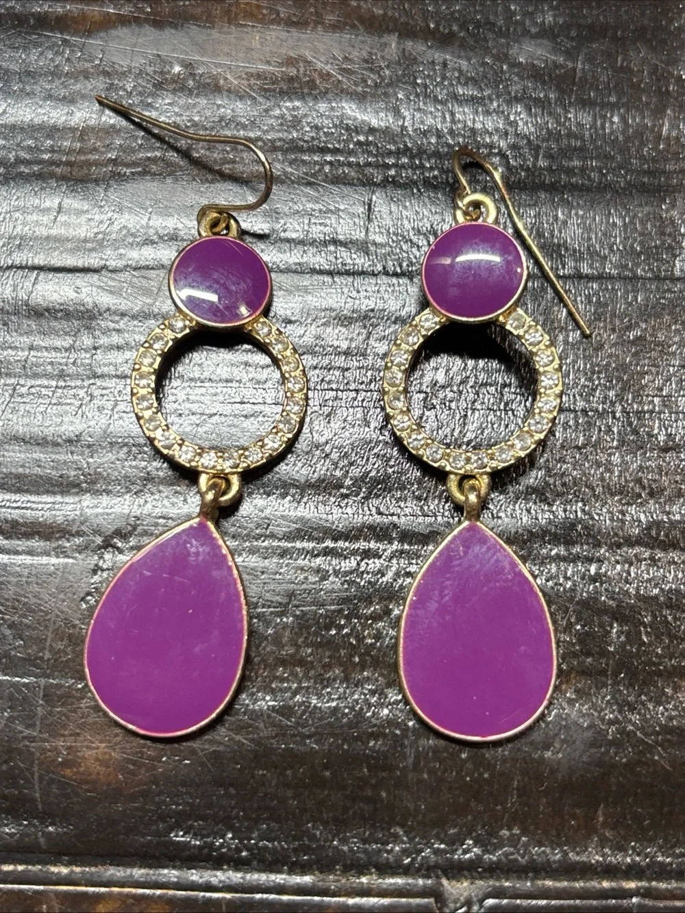 Purple Teardrop Drop Earrings with Pave Ring